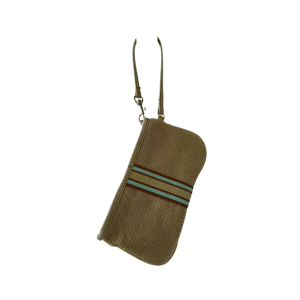 The Sak Crochet Wristlet Tan Striped Zip Pouch Bag Turquoise‎ Brown PO 6305-CX
